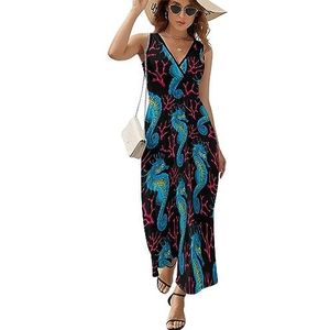 Zeepaardje en koraal casual maxi-jurk voor vrouwen V-hals zomerjurk mouwloze strandjurk S
