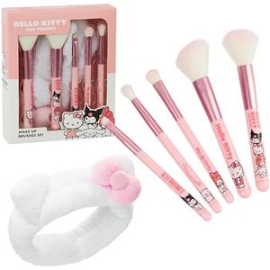 Hello Kitty Make-upkwasten, 5-delige set, Kawaii pluizige make-up-hoofdband voor vrouwen, tieners, meisjes, poederborstel, oogschaduwborstel, beautyset, anime-schattige geschenken