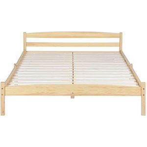 LiePu Massief houten tweepersoonsbed, modern grenen houten bed tienerbed, bedframe met lattenbodem, 140 x 190 cm, natuurlijke houtkleur