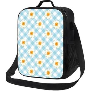 EgoMed Lunchtas, duurzame geïsoleerde lunchbox herbruikbare draagtas koeltas voor werk schoolretro madeliefjes bloemen blauw geruit patroon
