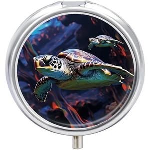 Een kleurrijke tropische zeeschildpad pillendoos draagbare pillenorganizer met 3 compartimenten en kleine spiegel reizen pillendoosje voor zak of portemonnee ronde geneeskunde organisator decoratieve