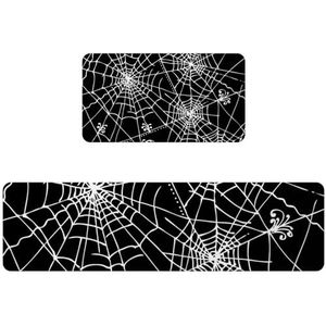 VAPOKF 2 stuks keukenmat zwart en wit spinnenweb Halloween, antislip wasbaar vloertapijt, absorberende keukenmat loper tapijt voor keuken, hal, wasruimte