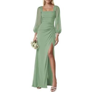 HPPEE Chiffon bruidsmeisjesjurk met lange mouwen voor dames, met split, geplooid, vierkante hals, avondjurk, formele feestjurk, Sage Groen, 32
