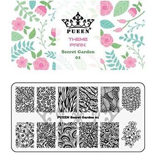 PUEEN Nail Art stempelplaat - Secret Garden 01 - Thema Park Collection 125 x 65 mm unieke nailart polish stempelmanicure beeldplaten accessoires kit - BH000712 door PUEEN