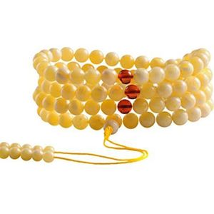 Armbandenset Vrouwen Mannen Tibetaanse Boeddhistische Gebedskralen 8Mm Geel Wit Amber Kralen Ketting Armband 108 Boeddha Rozenkrans Kralen for Yoga Gebed Meditatie (Color : Bianco)