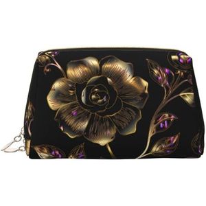Zwarte en gouden bloemen make-up tas voor vrouwen cosmetische tassen lederen reizen make-up tas organisator waterdichte make-up zakje open platte toilettas draagbare opbergtas voor reizen, Goud, Eén