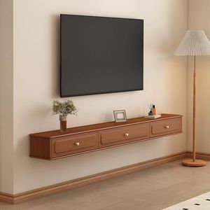 HCBHG Wandgemonteerde zwevende tv-kast, moderne drijvende tv-standaard met 3/4 laden, rubber houtmateriaal, woonkamer multimediaconsole en tv-unit (bruin, 200x24x20cm)