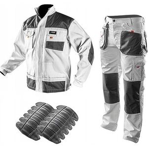 NEO TOOLS Professionele werkbroek/professionele set (broek, jas, kniebeschermer) wit | veiligheidsbroek, werkkleding, werkkleding, taillebroek, schildersbroek, broek, S-XXL, Set (broek, jas,