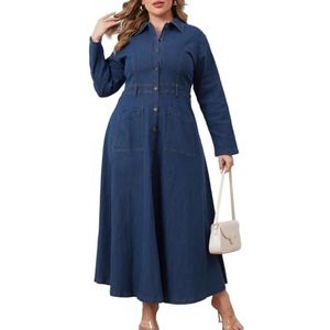 QOUERUUE Denimjurk voor dames, grote maten, lange mouwen, knoopsluiting, kraag, A-lijn, herfst jeans maxi jurken,Blauw,3XL