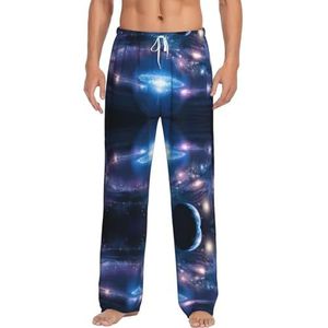 Dexnel Space Planets Zachte pyjamabroek voor mannen,Klassieke slaapbroek comfortabel, polyester pyjamabroek met zakken, Wit, S