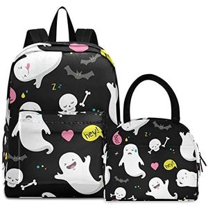 Halloween Grappige spookschedel boekentas lunchpakket set schouderrugzak boektas kinderrugzak geïsoleerde lunchboxtas voor meisjes jongens