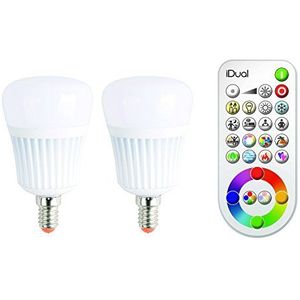 iDual-LED-lamp (E14). Inhoud verpakking: 2 lampen plus afstandsbediening. Warm wit tot koud wit; dimfuncties; veelkleurig omgevings- en sfeerlicht. 470 lm (equiv. 40 W).