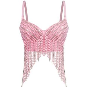 CakfLjkhl Dames Bustier Crop Top Parels Kralen Strass Kwast Spaghetti Band Korset Top Club Feest Beha,Roze,L