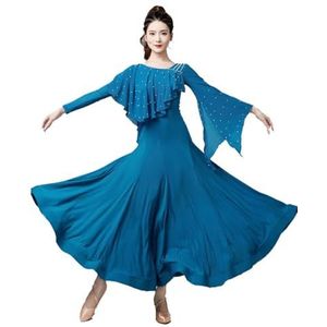 FZHQNZJF Balzaal Dansende Jurken voor Vrouwen Waltz Tango Danskleding met Strass Flamenco Foxtrot Danskleding Elegant Nationale Standaard Prestatie Rok,Blauw,3XL
