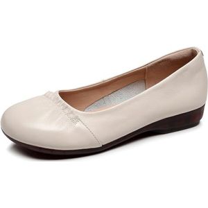 Sekiueo Dames Ballerina's Instappers Ronde Neus Zachte Zool Leren Werkschoenen,Beige,36 EU