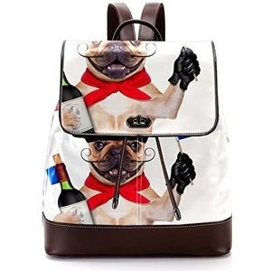 Gepersonaliseerde Schooltassen Boekentassen voor Tiener Franse Bulldog met Rode Wijn Baret Hat, Meerkleurig, 27x12.3x32cm, Rugzak Rugzakken