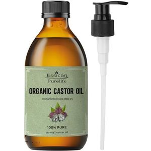 Essican Purelife Pure Ricinusolie Biologisch Koudgeperst met vitamine E 250ml – Ricinusolie voor Huid, Gezicht, Haargroei, Wimpers, Wenkbrauwen, Koudgeperst in Glazen Fles, Haargroeiolie