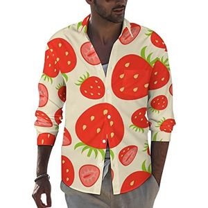 Aardbeien Patroon Heren Revers Lange Mouw Shirt Button Down Print Blouse Zomer Pocket Tees Tops 6XL