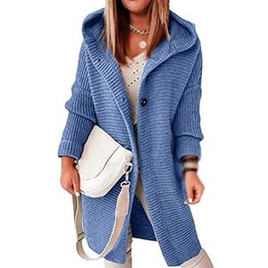 Sawmew Vest Dames Grof Gebreid Vest Lang Dames Vest Grof Vest Met Lange Mouwen Vest Winterjassen Met Capuchon Lang Vest Uitloper Elegante Overgangsjas (Color : Blue, Size : XL)