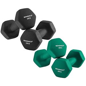 SONGMICS SYL600BK Halters, set van 4, 2 waarvan 4 kg, 2 waarvan 5 kg, krachttraining, thuis, op kantoor, fitnessstudio, zwart en groen