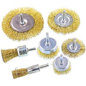 Sweet 7 Stks Messing Coated Wire Brush Wheel & Cup Borstel Set, 1/4-Inch Schacht, 7 Maten Coated Wire Boor Borstel, Perfect Voor Het Verwijderen van Roest/Corrosie/Verf - Verminderde Draadbreuk en Langere Levensduur