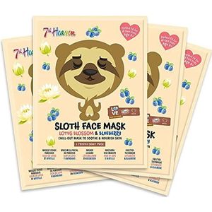 7th Heaven Sloth Face Sheet Mask Mask met lotusbloem en bosbessen voor kalmering en verzorging van de huid, plezier voor feestjes en selfies (vanaf 8 jaar), multipack, 4 stuks (1 stuk)