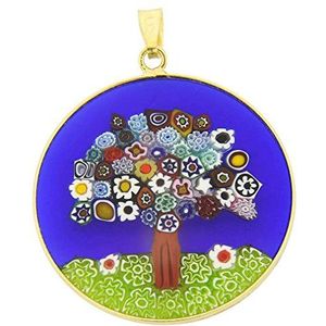 Glass Of Venice Millefiori Murano glazen hanger voor vrouwen ronde veelkleurige levensboom op blauw 32 mm, verguld sterling zilver .925 frame en borgtocht