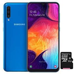 Samsung Galaxy A50 Smartphone Bundle (16,3 cm (6,4 inch) 128 GB intern geheugen, 4 GB RAM, Dual SIm, Android, blauw) + 64 GB SD-kaart | Duitse versie