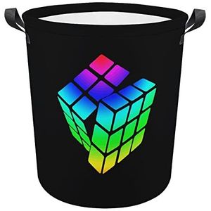 Magic Tie Dye Cube Logo Wasmand met Handvatten Ronde Opvouwbare Wasmand Opbergmand voor Slaapzaal Badkamer