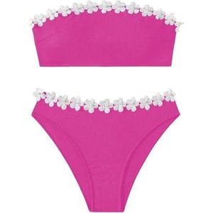 HFYRBDKSPI Dames 2-Delige Badpakken met Bloemenversiering, Tubetop Hoog Uitgesneden Onderkant Geribbelde Bikiniset Strapless Badpakken,Roze,M