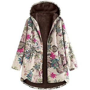 Lazzboy Capuchon Jassen Dames Vrouwen Vintage Verlaat Met Bloemen Gedrukte Zakken Knop Outwear Plus Maat Lange Mouw Pluizige Bont Rits, roze, M