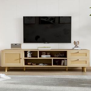 Aunvla Premium 160 cm houtkleurige rotan tv-kast voor 70 inch televisie - kabelmanagement, 2 laden, 1 deur, tv-kast, onderkast, onderkast voor woonkamer, tv-lowboards