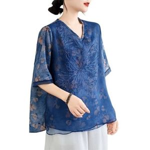 2024 Zomer Dames Retro Etnische Stijl Chinese Shirt Tops Klassieke V-hals Half Mouw Losse Flowy Chiffon Blouse(Color:Blue)