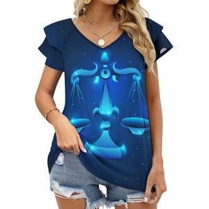 Weegschaal Sterrenbeeld Blauwe Ster Horoscoop Grafische Blouse Top Voor Vrouwen V-hals Tuniek Top Korte Mouw Volant T-shirt Grappig