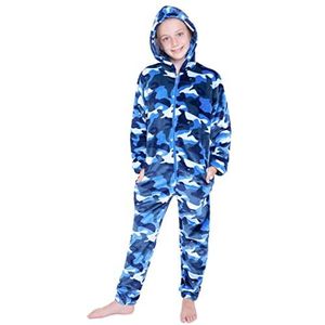 CityComfort rompertjes voor jongens, donzige fleece pyjama voor kinderen en tienerjongens meisjes, camo romper, warme winterpyjama 7-14 jaar (Blauw Camouflage, 11-12 jaar)