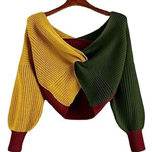 Mfacl Sweatshirts van Dames - Gebreide trui pullover contrast kleur stiksels kruis gedraaide lange mouwen los (Color : A, Size : M)