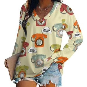 Retro Telefoon Vrouwen Casual Lange Mouw T-shirts V-hals Gedrukt Grafische Blouses Tee Tops 2XL