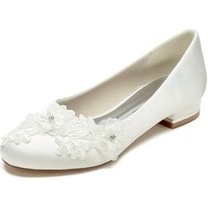 EICOFF Bruids Lage Hak Satijn Trouwschoenen Dames Plaat Gesloten Teen Pumps Vrouwen kant bloem sandalen Bruiloft Schoenen voor Jurkparty,ivoor,36 EU