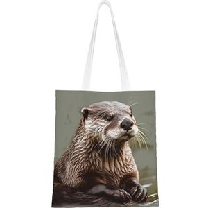GFLFMXZW Otter canvas draagtas met dierenprint, herbruikbare boodschappentas, esthetische handtas, schoudertas voor dames en meisjes, zwart, één maat, Zwart, One Size