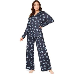 Disney Stitch Damespyjama, nachtkleding, knoopsluiting, lange pyjamaset, loungeset, S-XL, voor vrouwen, tieners, steekgeschenken, marineblauw, XL