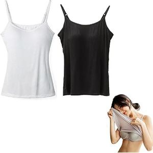 2-in-1 basic naadloze hemdje voor dames, effen kleur, spaghettibandjes, slim fit, katoen, verstelbare spaghettibandjes, tanktop voor dagelijks gebruik, casual kleding, tanktop met ingebouwde beha, 2
