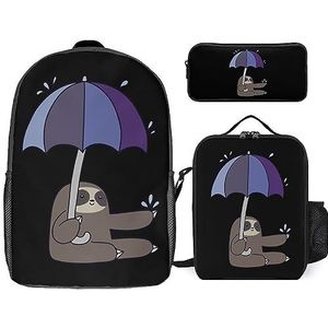 Luiaard Regen Paraplu Grappige 17 Inch Laptop Rugzak Lunch Tas Etui Lichtgewicht 3-delige Set voor Reizen Wandelen Camping