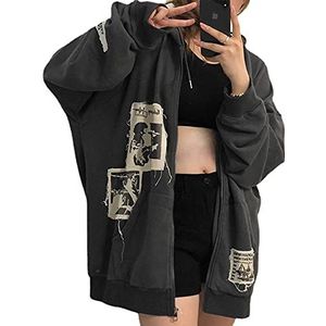Y2k hoodie met ritssluiting voor dames, lange mouwen, esthetische trui, vintage oversized sweatjack met zak, E-Girl jaren 90 streetwear jas (kleur: grijs, maat: XL)