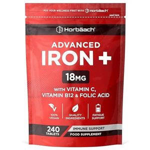 Ijzer Supplement met Vitamine C | Ijzerbisglycinaat + 14mg Vitamine C met Foliumzuur & Vitamine B12 | 180 Vegane Tabletten | Hoog Gedoseerd | Iron Complex | Horbaach