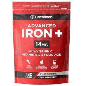 Ijzer Supplement met Vitamine C | Ijzerbisglycinaat + 14mg Vitamine C met Foliumzuur & Vitamine B12 | 180 Vegane Tabletten | Hoog Gedoseerd | Iron Complex | Horbaach