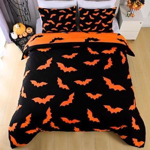 Halloween Dekbedovertrekset - Decoratief Beddengoed Met Kussenslopen, Griezelig Vleermuisontwerp Voor Jongens(Orange,King)