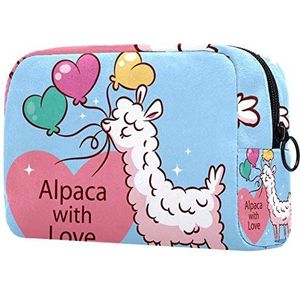 Toilettas met ritssluiting, grote capaciteit herbruikbare make-up Pouch cosmetische reistas met schattige alpaca liefde ballon blauwe achtergrond voor tienermeisjes vrouwen
