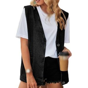 Jeans Gilet-Vintage Gewassen Denim Vest Gilet V-Hals Dames Kort Denim Vest Grote Maten Spijkerjack Bijgesneden Vrije Tijd Zomer Lente Jeans Jas Knopenlijst Top,Black,Xxl