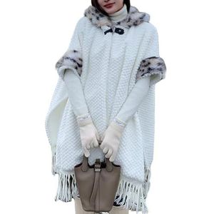 UERSJWYSO Dames Herfst/Winter Cardigan Poncho Imitatiebont Trui met Capuchon Boho Luipaardprint Korte Mouwen Franjes Omslagdoeken,Wit,One Size