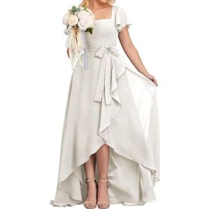 High-Low Prinses Bruidsmeisjesjurken Vierkante Hals Galajurk Chiffon Formele Avondfeestjurk met Mouwen, Ivoor, 34